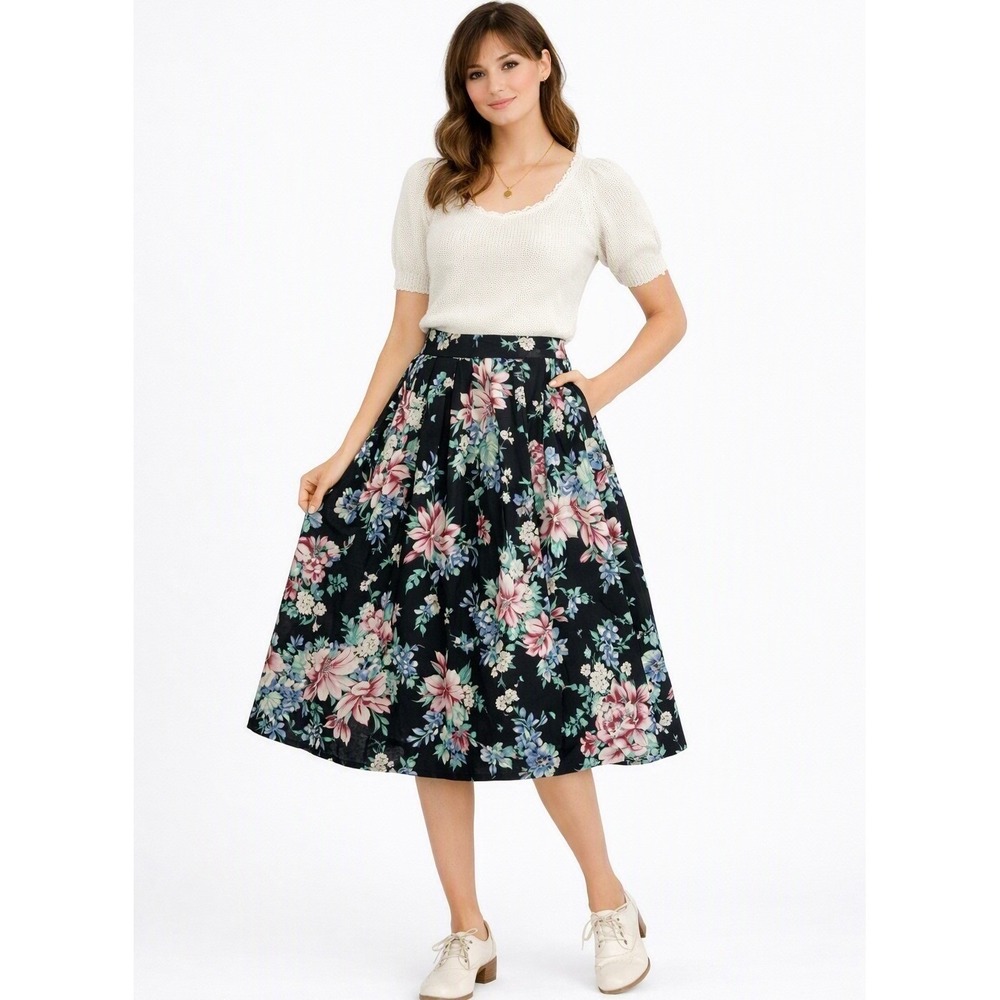 Vintage Floral Midi Skirt – Full Pleated